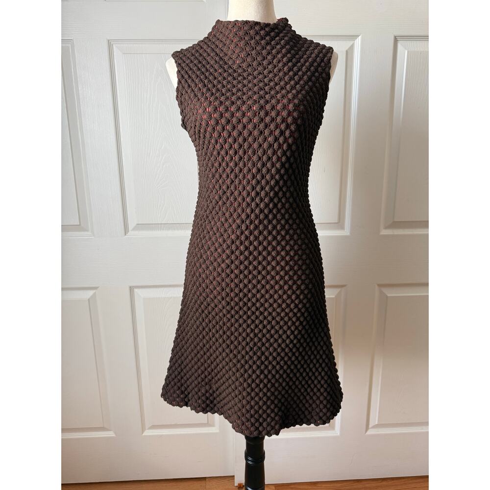 Vintage Handmade Popcorn Knit Shift Dress Brown w Orange Lining Est Size‎ XS / 0